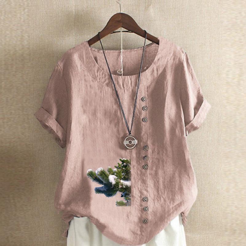 Women's Fashion Round Neck Short Sleeve T-shirt Casual Cotton Linen Graphic Shirt Leisure Loose Tree Prined Summer Blouse Tops