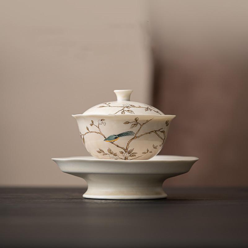 100ml Čínský ručně malovaný květinový a ptačí keramický gaiwan, ručně vyráběná porcelánová čajová miska, domácí čajová miska, cestovní přenosná čajová souprava