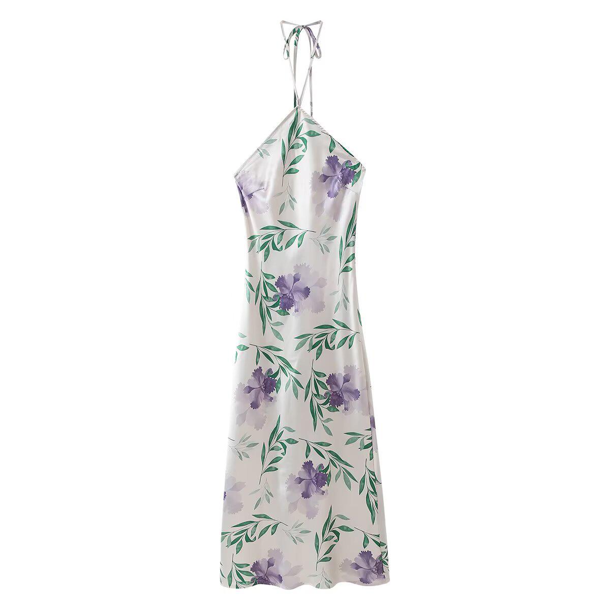 

2025 Summer Halter Neck Satin Print Sleeveless Dress L