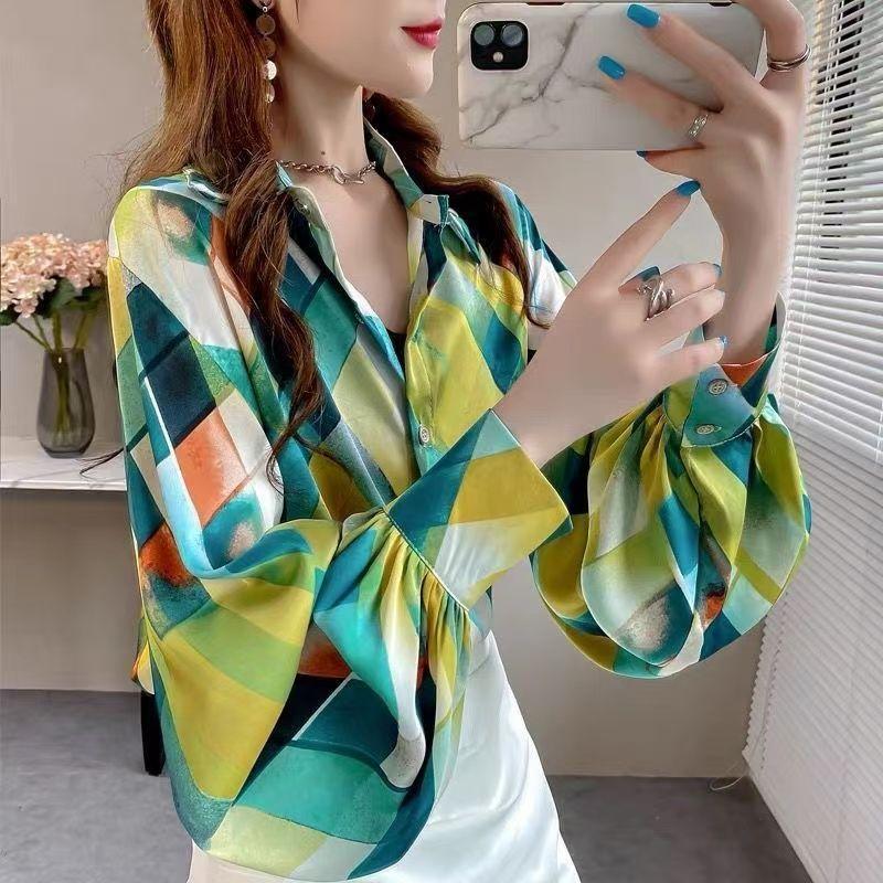 Retro Women's Printed Shirt Slim-fit Lantern Sleeve Floral Shirt Collared Chiffon Shirt Spring