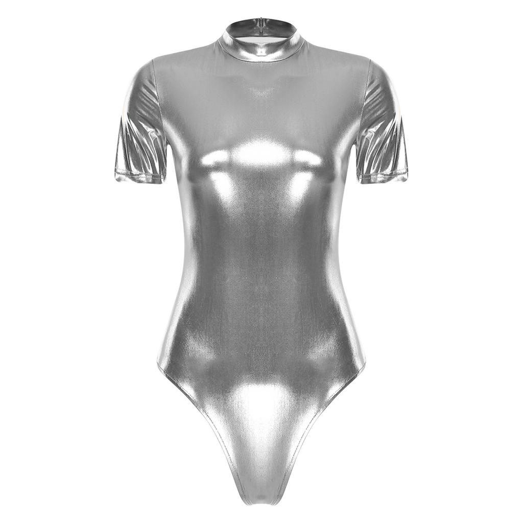 Womens Metallic Shiny Bodysuit Mock Neck Short Sleeve Back Hidden Zipper Bodycon Leotard