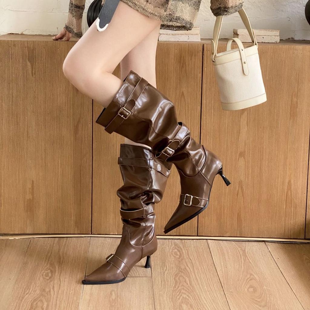 2025 autumn and winter new European and American style belt buckle pointed head thin heel high heel boots wide tube thin boots