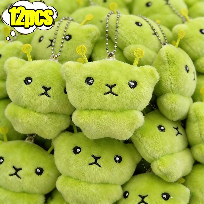 12pcs Mini Green Alien Cat Plush Keychains Furry Pendant for Couples Cute Cartoon Handbag Backpacks Key Chain Decor Gifts