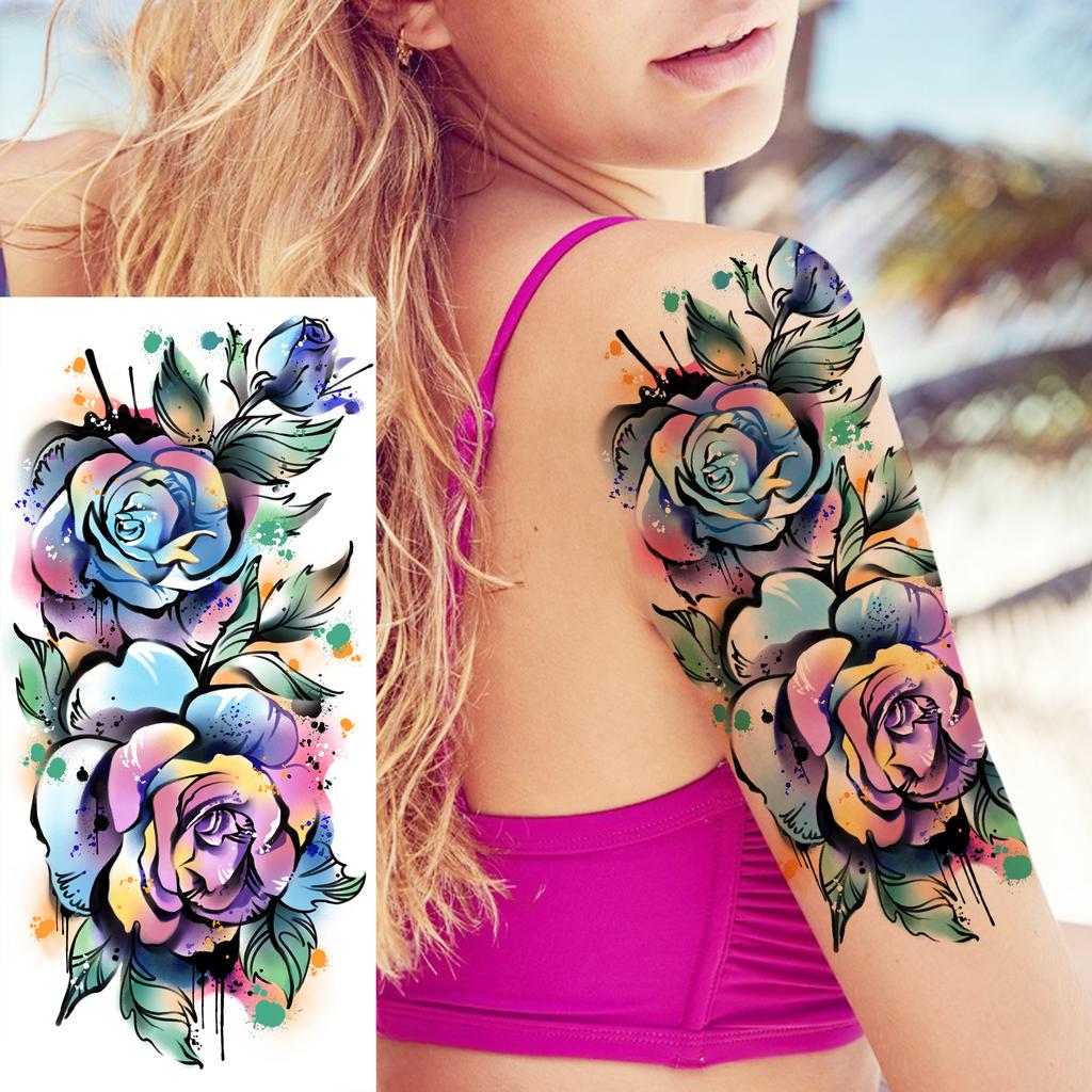 1 Sheet Black Flower Temporary Tattoos For Women Girls Realistic Fake Flora Floral Peony Tattoo Sticker Body Art Painting Decal