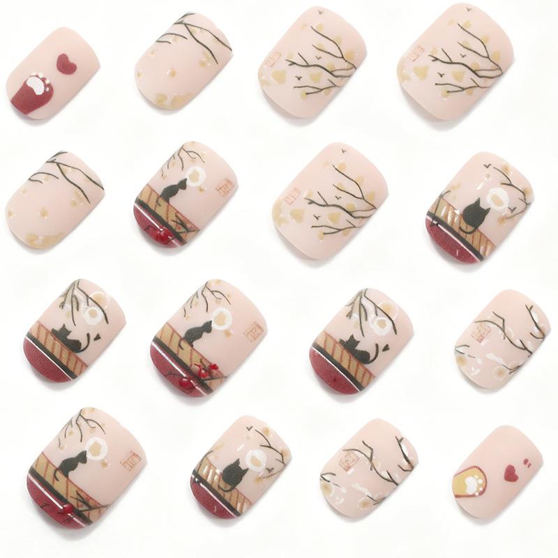 24 nail art autumn and winter style cute black cat branches short square wearing nail pads