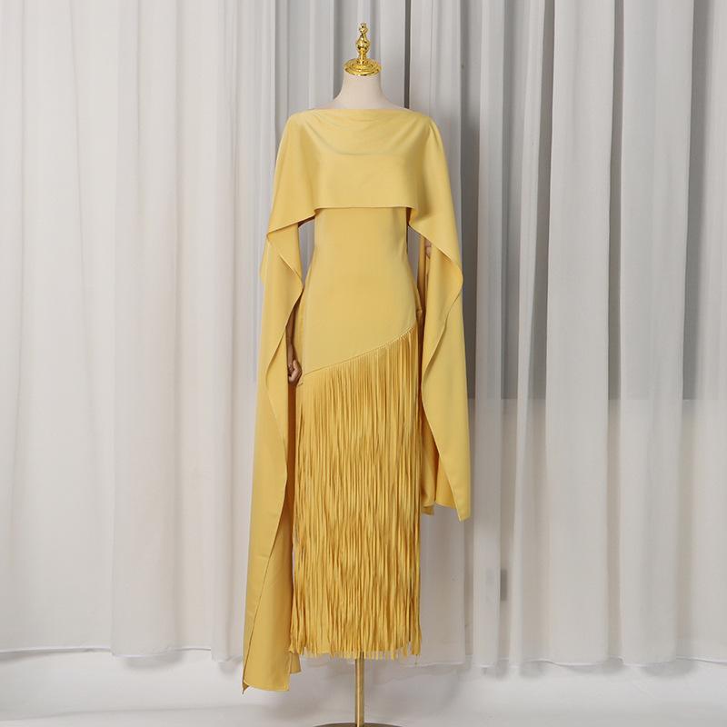 

Women One Shoulder Cape Sleeve Fringe Maxi Dress Solid Color Elegant Evening Gown S жёлтый