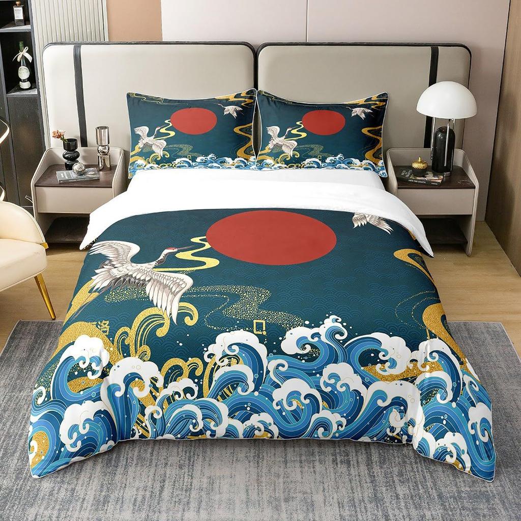 Crane Duvet Set Japanese Tree Bedding Three-Piece Room Decoration Animal Ukiyo-E Style Quilt Cover