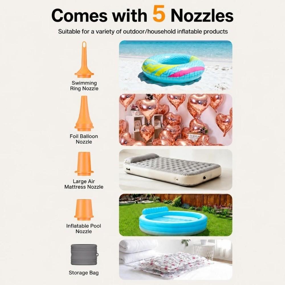 Rechargeable Inflatable Pump 5pcs Nozzles Electric Air Pump Camping Light Air Pump Air Mattress