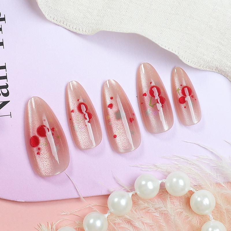 24pcs Cat Eye Red Cherry Gradient Almond Nail Art Stickers