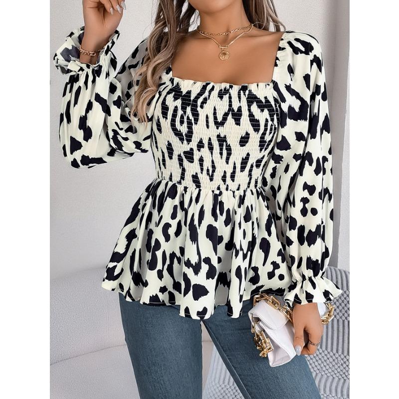 Women's Autumn and Winter Casual Wooden Ear Edge Square Collar Leopard Print Long Sleeve Top