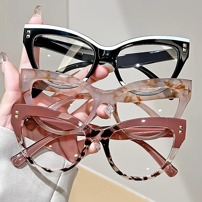 Fashion Rivet Anti-blue Light Cat Eye Reading Presbyopia Glasses Women Oversized FULL Frame Trendy Far Sight Eyeglasses