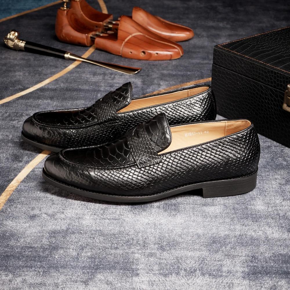Fashion FELIX CHU Genuine Leather Men's Loafers Pointed Snake Pattern Slip-on Monk Shoes Wedding Party Casual Formal Men's Dress Shoes