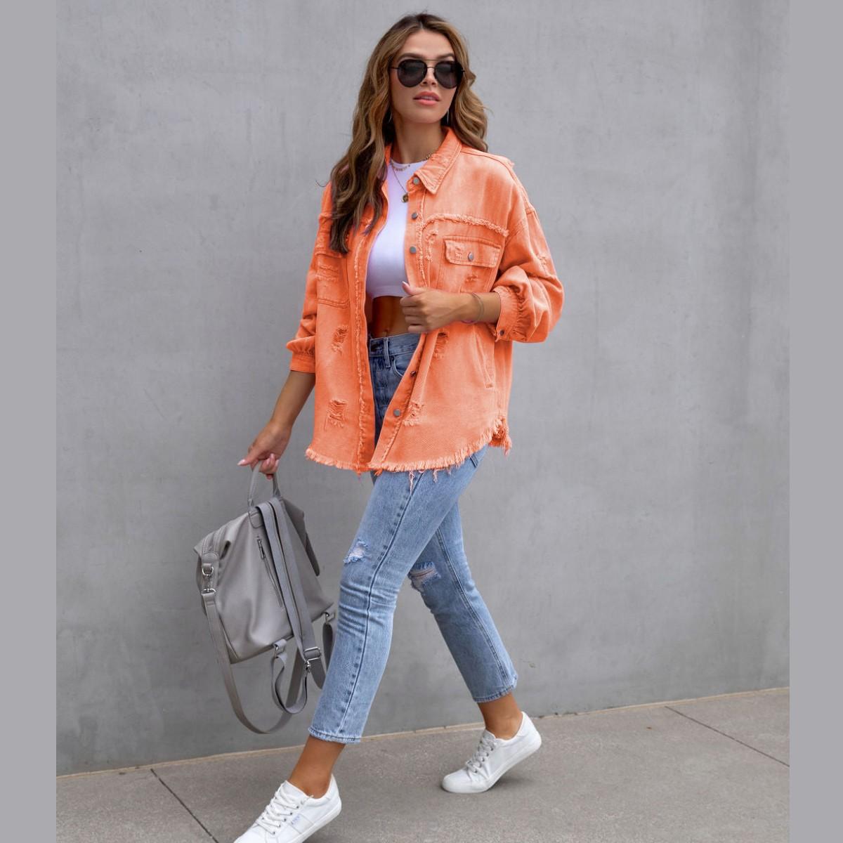 

Женский повседневный топ, женская одежда, рубашка в стиле ретро с длинными рукавами, джинсовая рубашка с лацканами, куртка для женщин S оранжевый