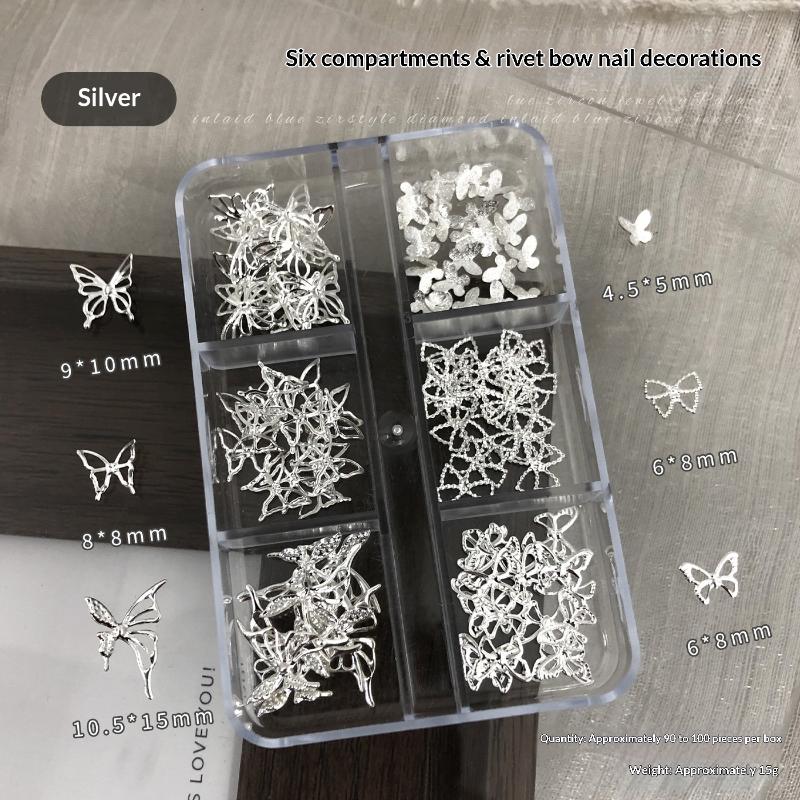 

6-Grid Nail Art Metal Charms - Gold & Silver Butterfly Rivet Decorations for DIY Manicure & Nail Design срібний