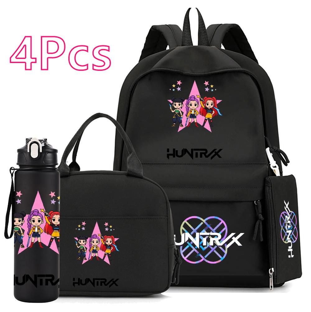 4Pcs/set Anime Demon Hunters Printed 750Ml Water Bottler Backpack Handbag Pencil Case for Teenager Boy Girl Large Capacity Waterproof Schoolbag
