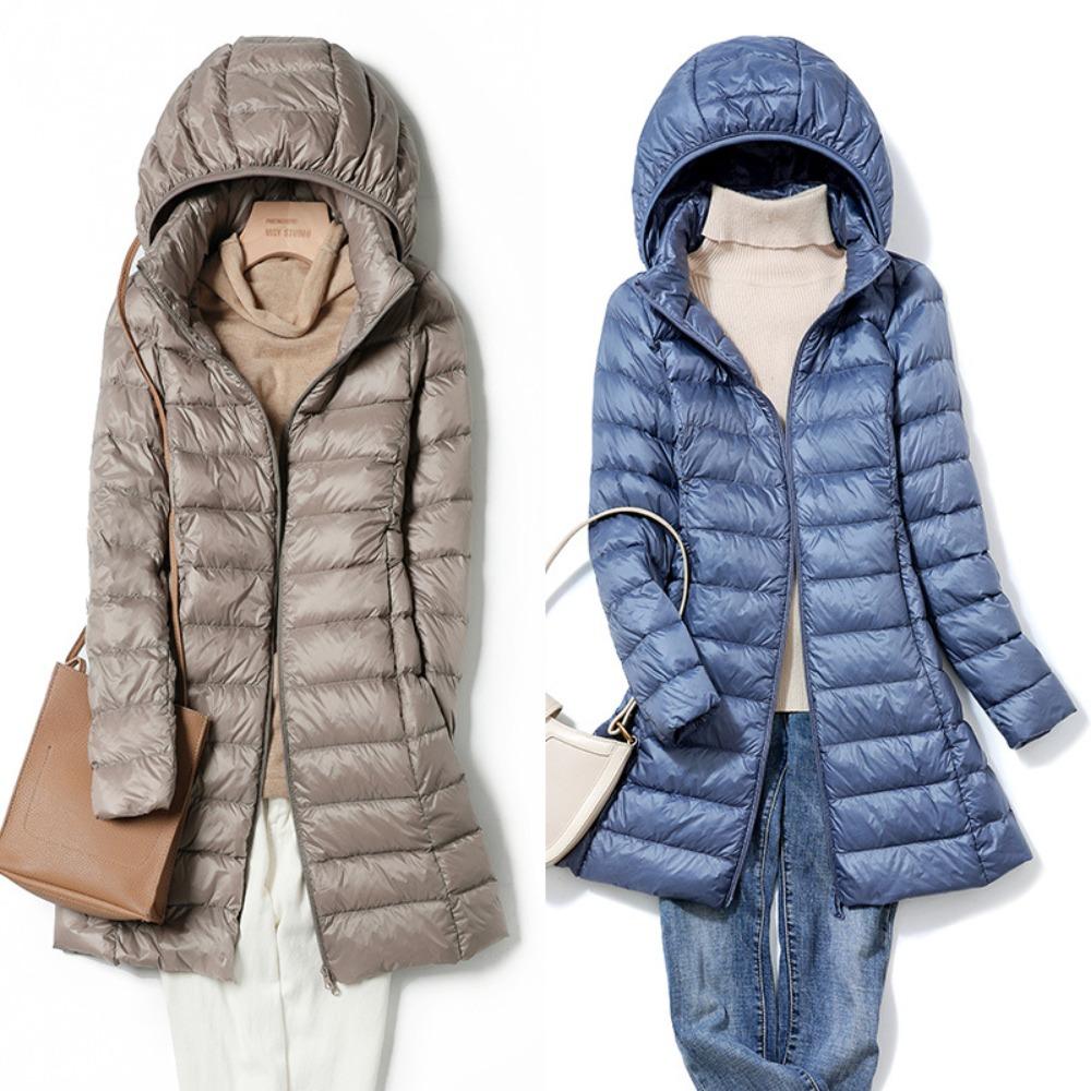 Women's Plus Size Mid‑Length Hooded Down Jacket Lightweight White Duck Down Puffer Coat Outerwear