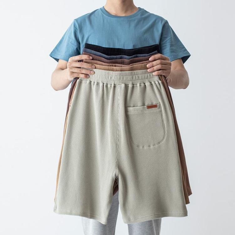 Men's Casual Wear Elastic Waist Solid Color Waffler Shorts Pants Spring Summer Sport Quick Drying Pocket Cotton