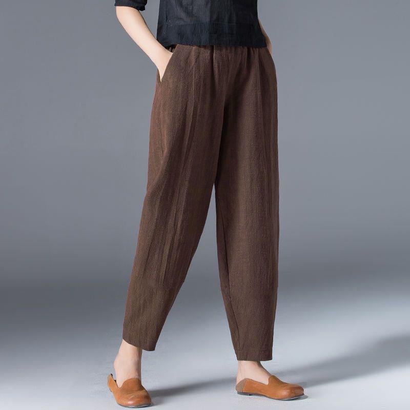 Damen Frühlings-Baumwoll-Leinen High Waist Schlankmachende Haremshose - Locker, Vielseitig, Große Größen Cropped Karottenstil