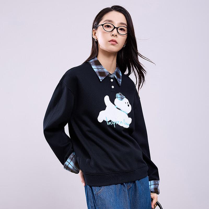 Women's Cartoon Puppy Spliced Plaid Sweatshirt