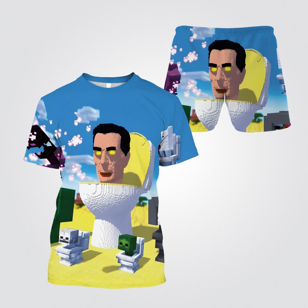 Summer Round Neck 3D Cartoon Toilet Person Vs. Monitoring Person Printed Set Fashionable and Casual Short Sleeved Shorts Children's Boy Clothing Sets