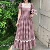 ZANZEA Abito Lungo da Donna Casual a Manica Corta con Scollo Tondo e Inserti in Pizzo con Stampa a Quadri