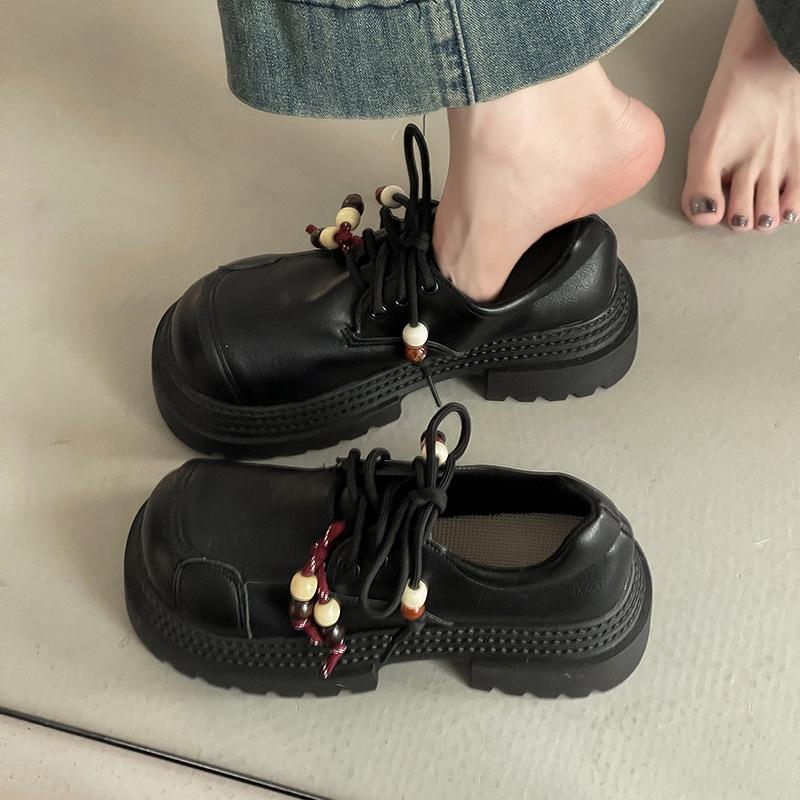 British style girls small leather shoes autumn and winter fashion platform wear Mary Jane shoes lace-up heightening non-slip loafers tide