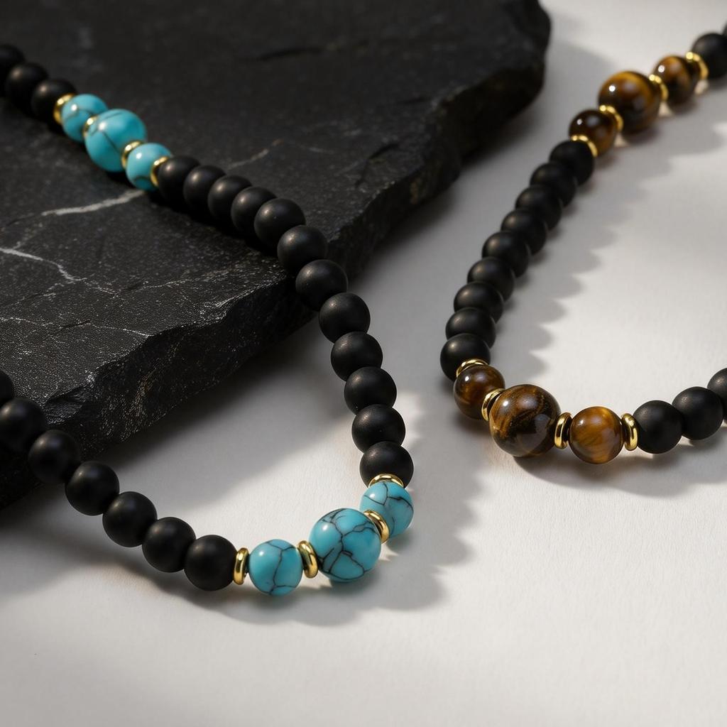 Casual Turquoise Beaded Necklaces for Men Boys,Summer Beach Tiger Eye Stone Collar,Waterproof Swimming Jewelry Gift