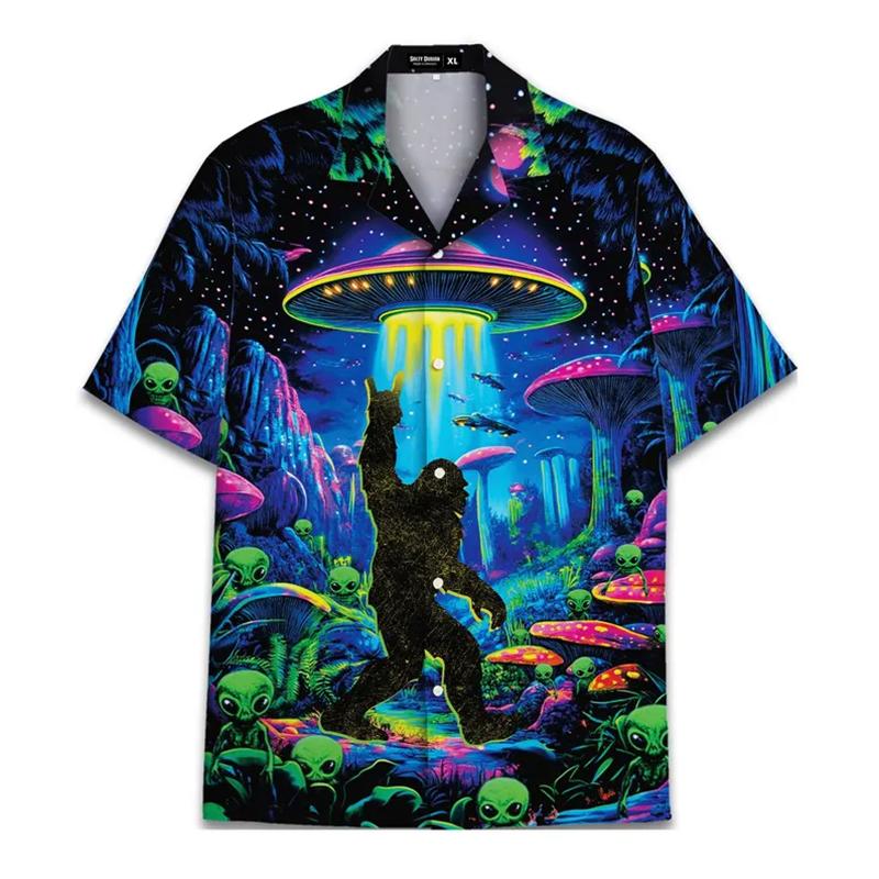 Men's Alien Bigfoot Shirt 3D Neon Print Short Sleeve Hawaiian Shirt Summer Oversized Hip Hop Tops