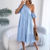 Spring and Summer Short-sleeved Casual Loose Pleated Long Dress with Ruffled Hem for Women