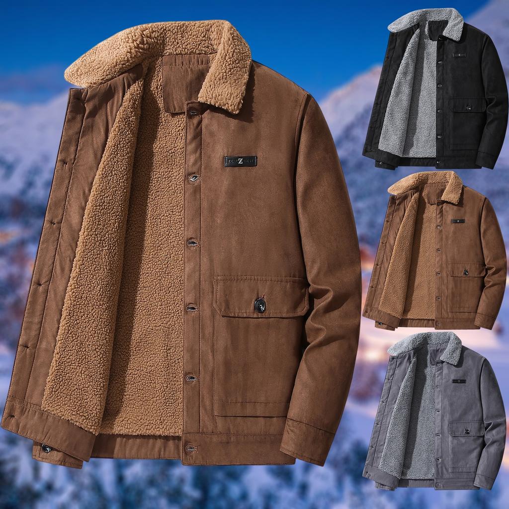 Heren Casual Multi-pocket Suède Fleece-gevoerd Rits-sluiting Opstaande Kraag Warme Jas