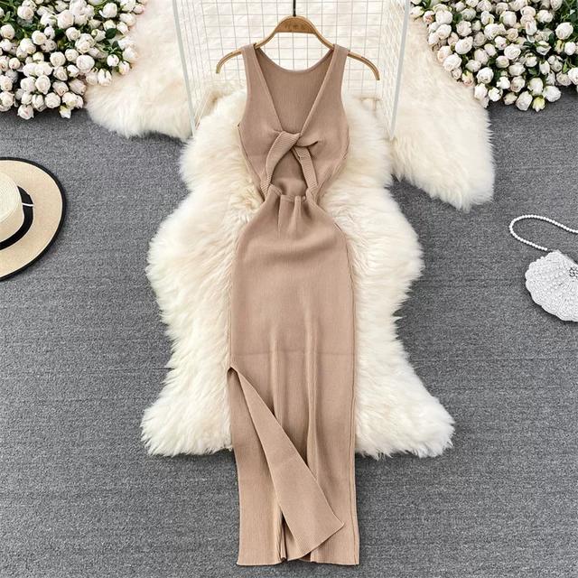 Vestido de Punto Minimalista sin Espalda para Mujer Verano SSólido de Punto sin Mangas Ajustado sin Mangas Sexy Bodycon Vestido Camiseta