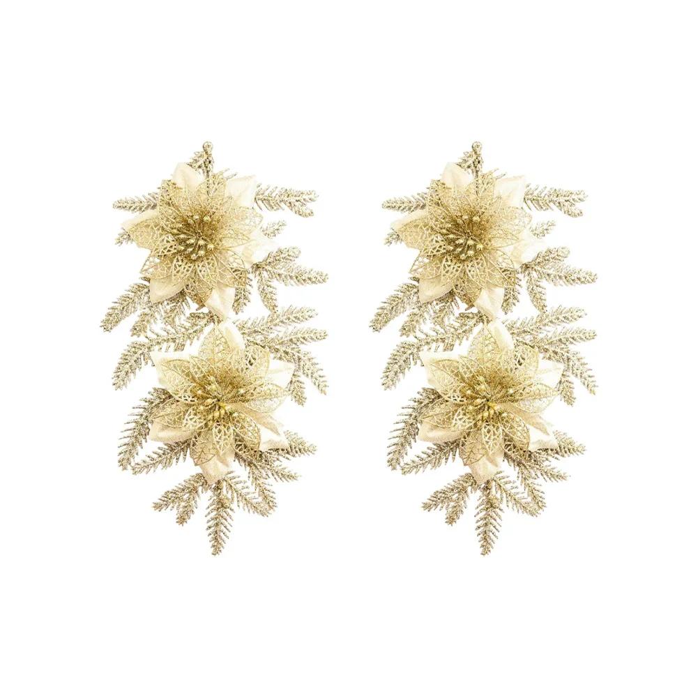 2pcs Gold Glittered Christmas Floral Arrangement Holiday Decor For Trees Gold Dusted Christmas Flower 18x32cm