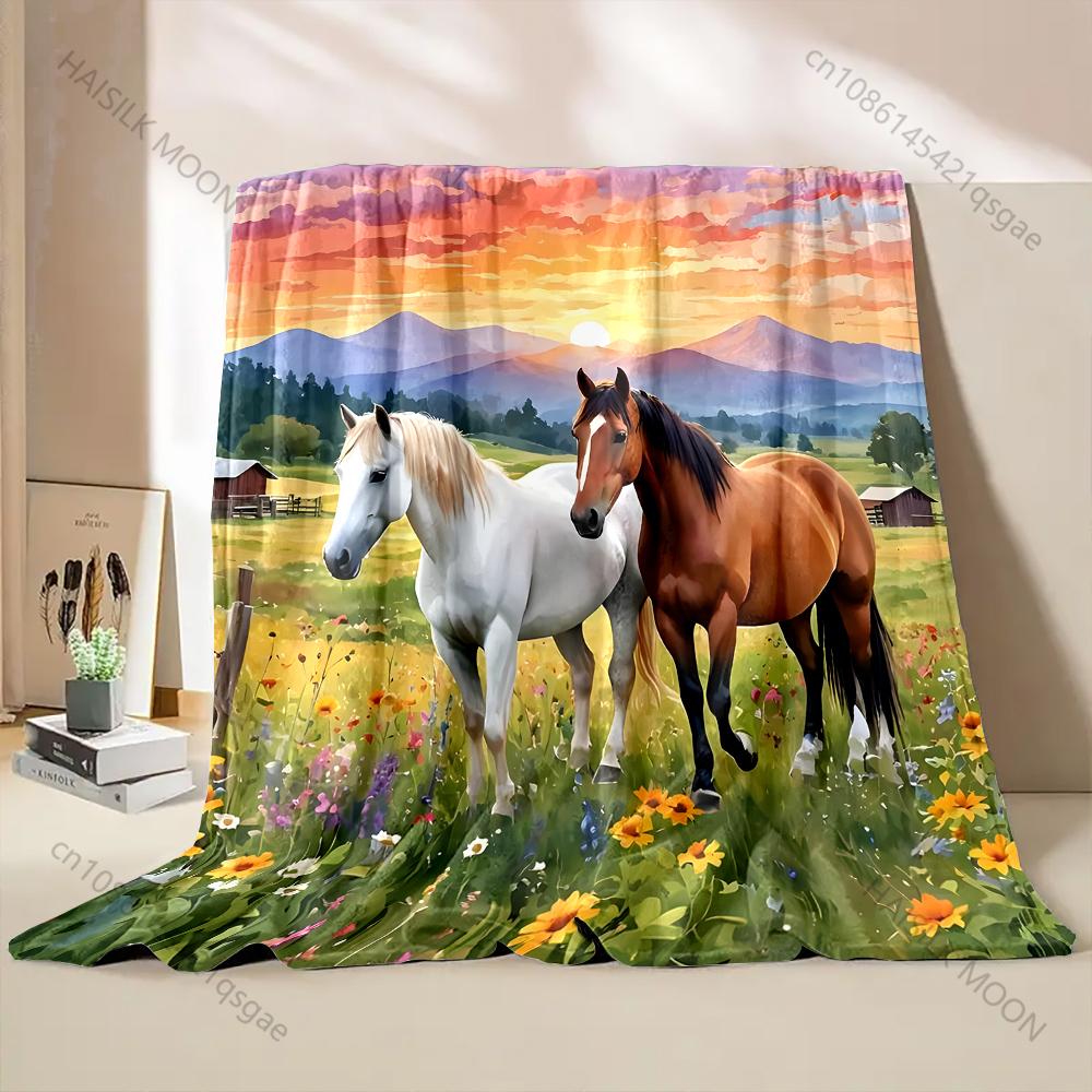 Multi-Sizes Two Horses At Sunset Print Blanket Warm Soft for Sofa Bed Home Travel Camping Blanket All Seasons Holiday Gifts