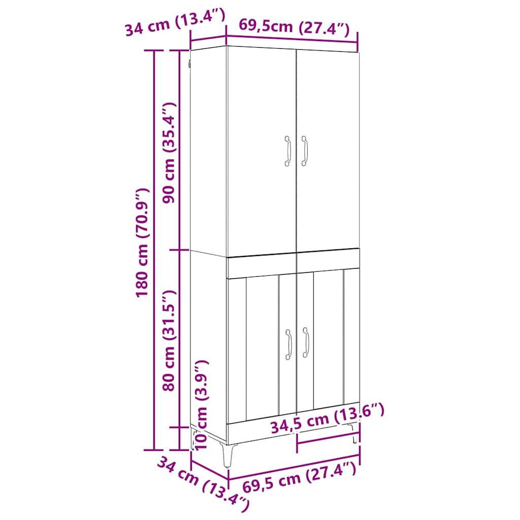 Highboard in Black Oak Look 69.5 x 34 x 180 cm Engineered Wood