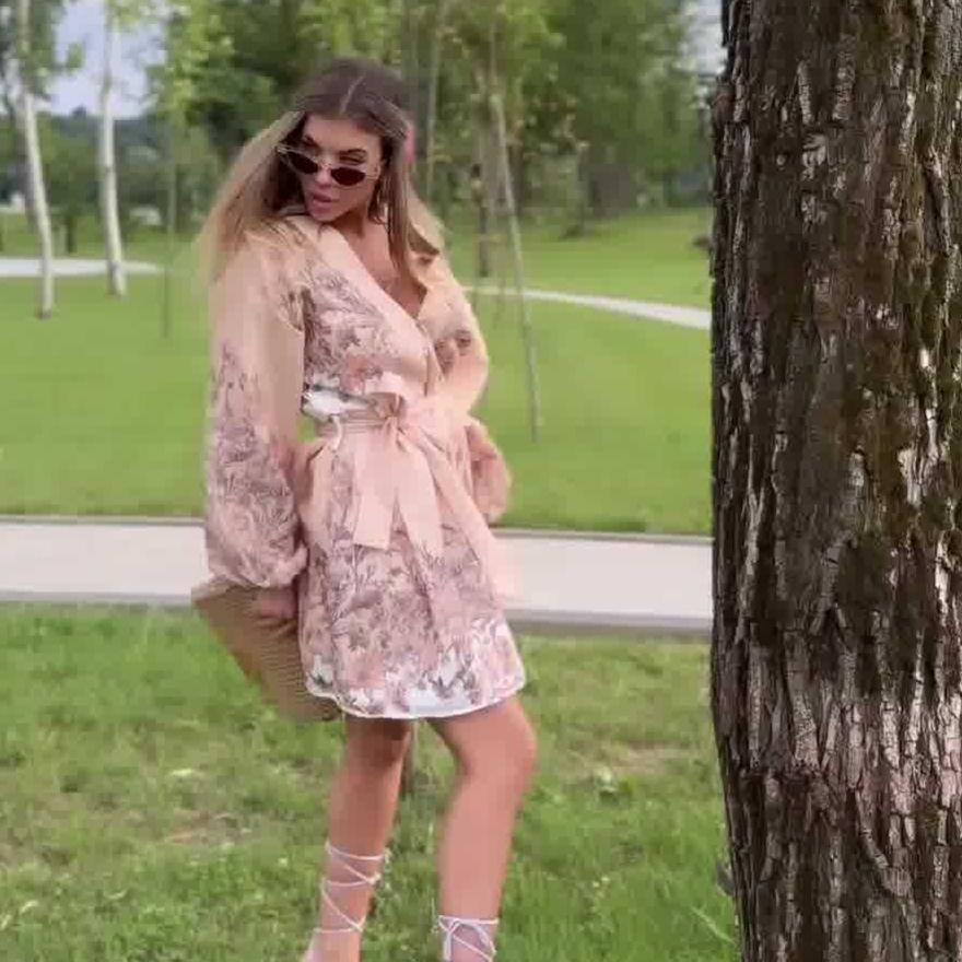 

2024 Autumn Women s Casual Print Lace-Up Waist Short Dress Small