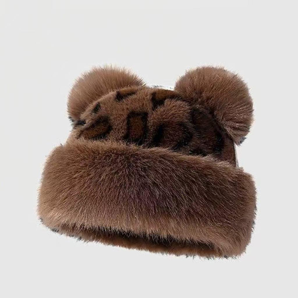 Retro Leopard Print Bear Ears Plush Mongolian Hat Fashionable Versatile Autumn and Winter Imitation Fur Thickened Warm Ear Protector Basin Hat