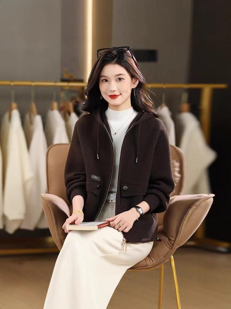 Women's Short Wool Hooded Zip Cardigan Coat - Fall/Winter Fashion Sweater Top