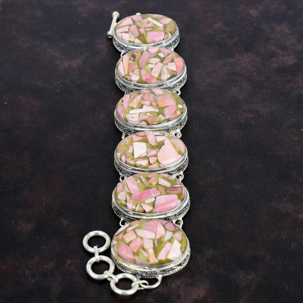 Copper Pink Opal Bracelet 925 Sterling Silver Bracelet Vintage Jewelry Adjustable Chain Bracelet Gemstone Handmade Bracelet Engagement Gifts