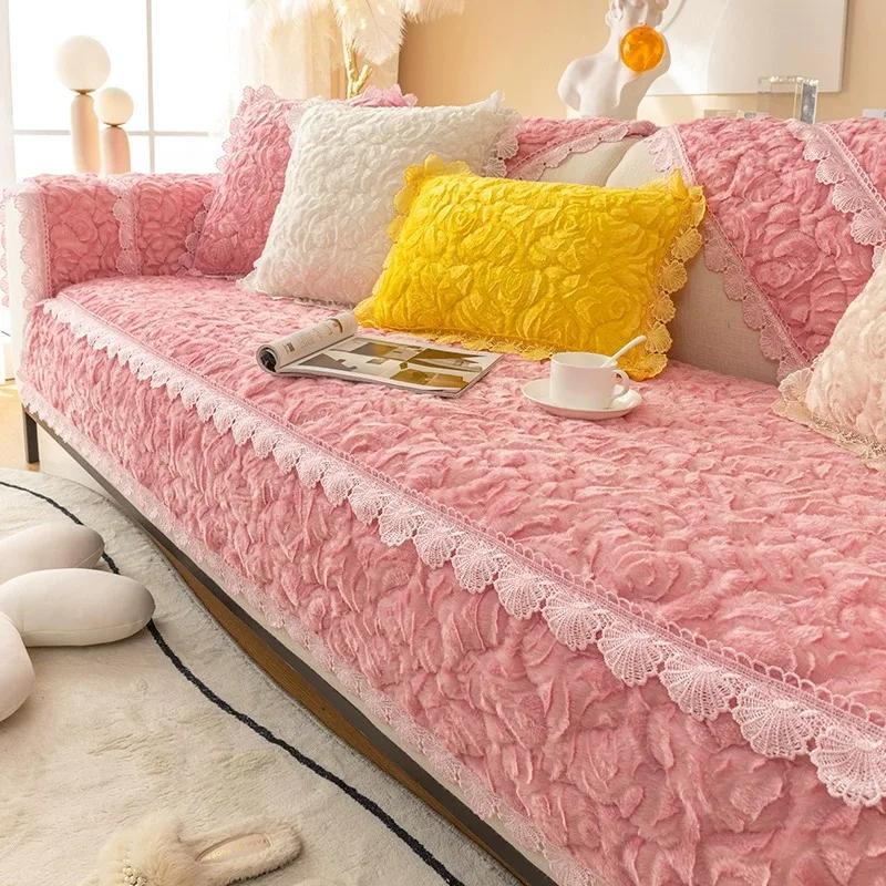 Modern Plush Sofa Cushions Winter Lace Flannel Sofa Cover Four Seasons Solid Color Non-slip Sofa Cover For1/2/3 Seat Sofas Decor