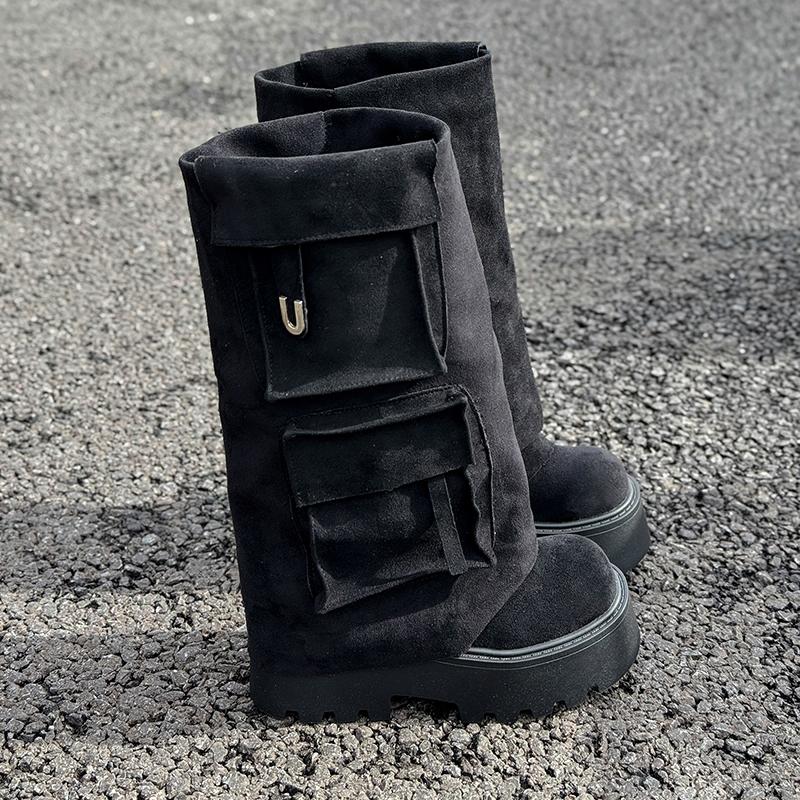 Fashion 2025 Fall Winter New Brown Fashion Boots Versatile Platform Heightened Vintage Trouser Heel Boots Women