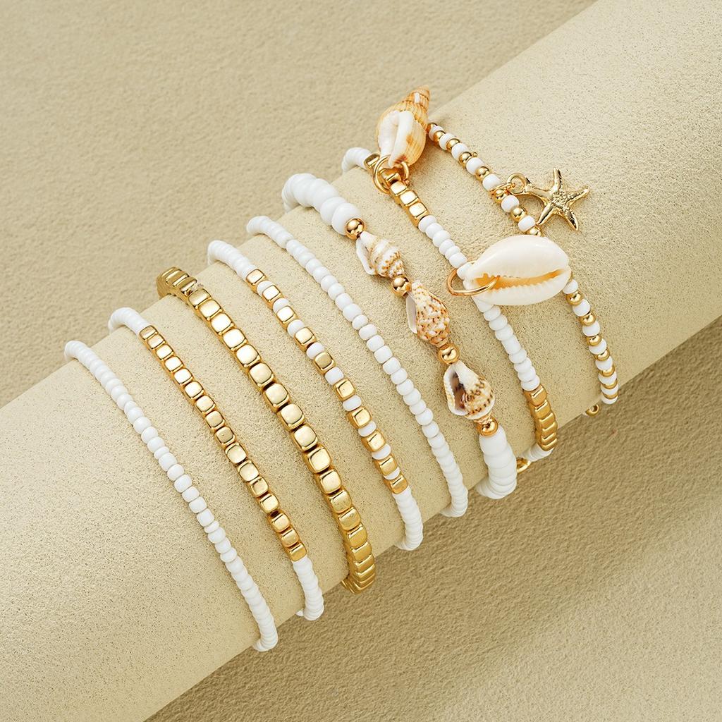 Fashion Bohemian Starfish Shell Design Anklet Set for Women Summer Ocean Element Multi-Layer Faux Pearl Anklets Beach Jewelry