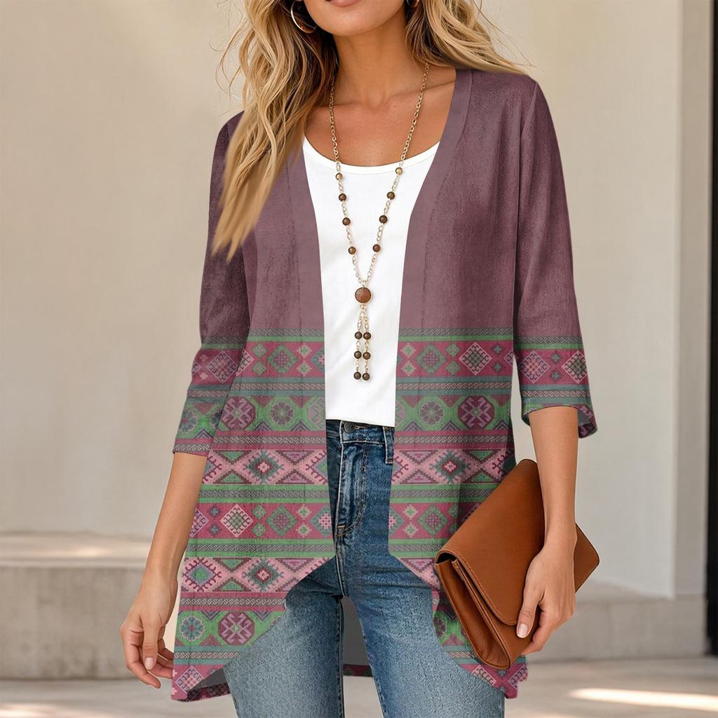 Women's Vintage Floral Print Three-Quarter Sleeve Lightweight Cardigan for Casual Daily Wear