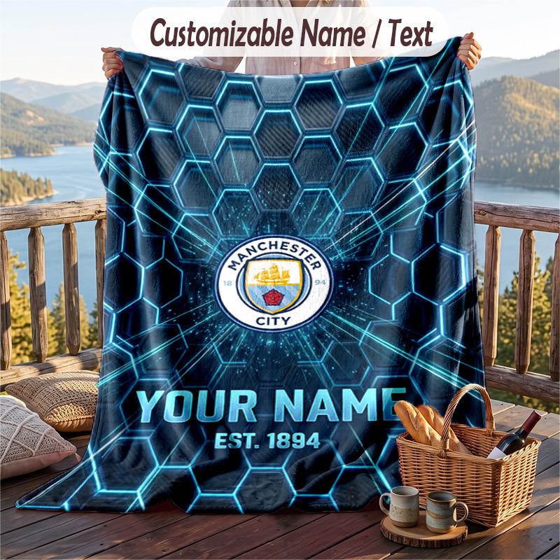 Flannel Blanket Manchester City Print Custom Name Text Soft Throw for Sofa Bed