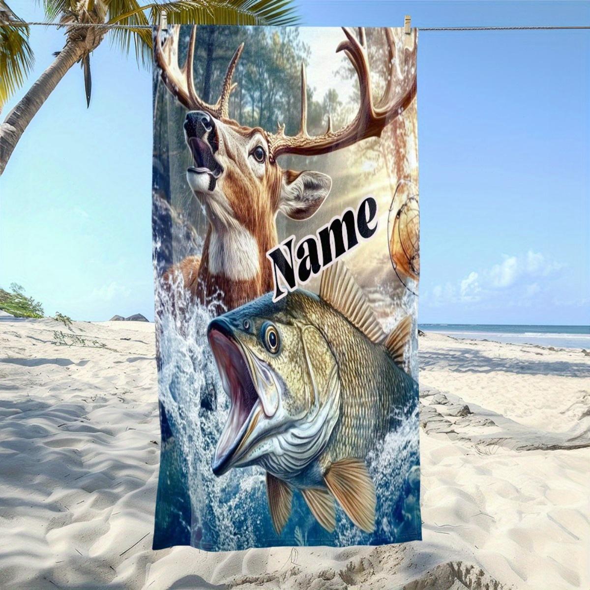 Jmg Household Supplies Custom Deer And Bass Fish Beach Towel Personalized Name Print Soft Quick-Dry Large Bath Towel For Hunting Fishing Lovers
