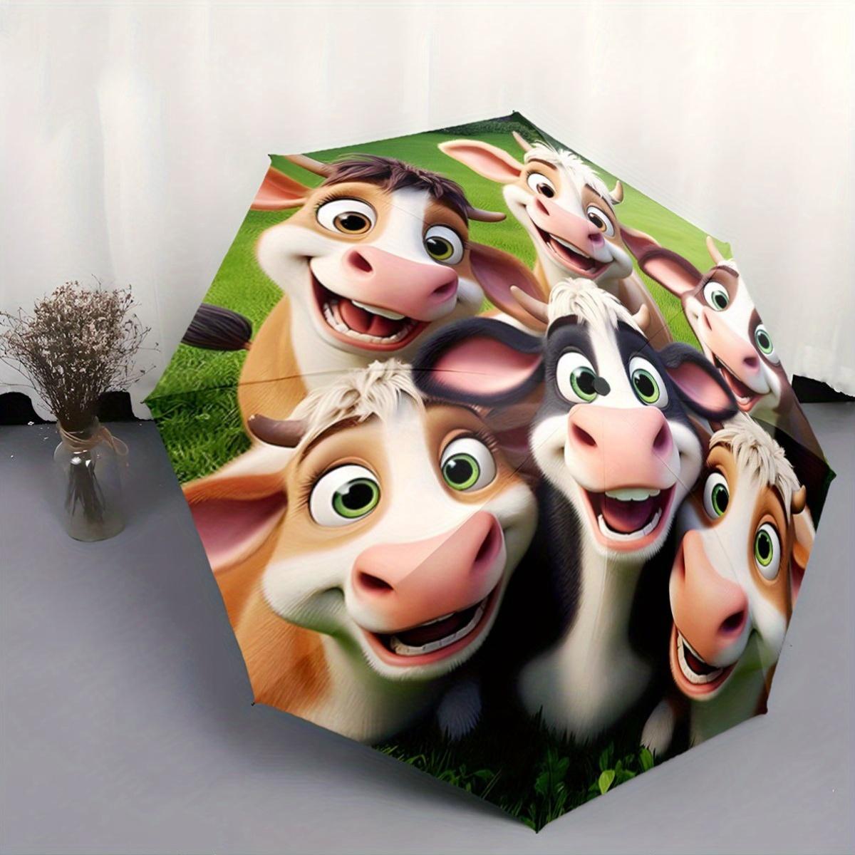 

Foldable Umbrella with Cartoon Cows - Joyful Expressions, 8-Rib Durable Frame, Automatic Open, Compact Travel Design for Backp (as the picture,Iron&8K)