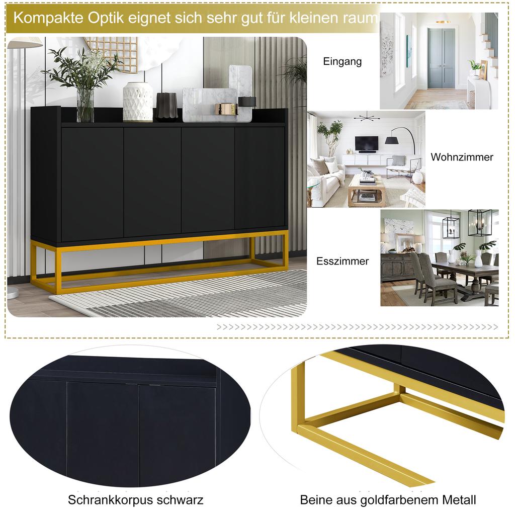 Modern Sideboard In Minimalist Style, 4-Door Handle-Free Buffet Cabinet for Dining Room, Living Room, Kitchen (Black)