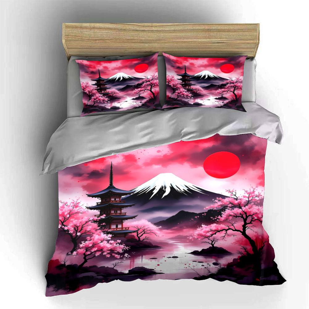 Red Sky, Cherry Blossoms, Mount Fuji Duvet Cover Set With 3D Printing Design Soft Polyester Bedding Set All-Season Comfort