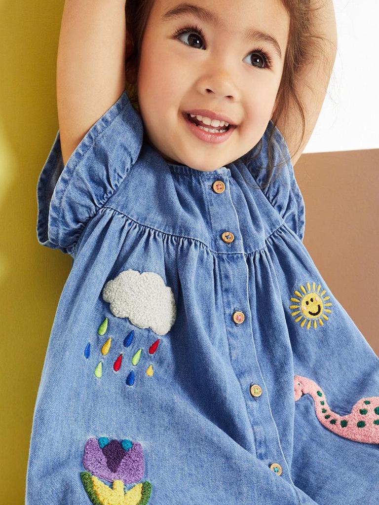 Little Maven Girls' Cartoon Appliqué Denim Dress - Short Sleeve Summer Style