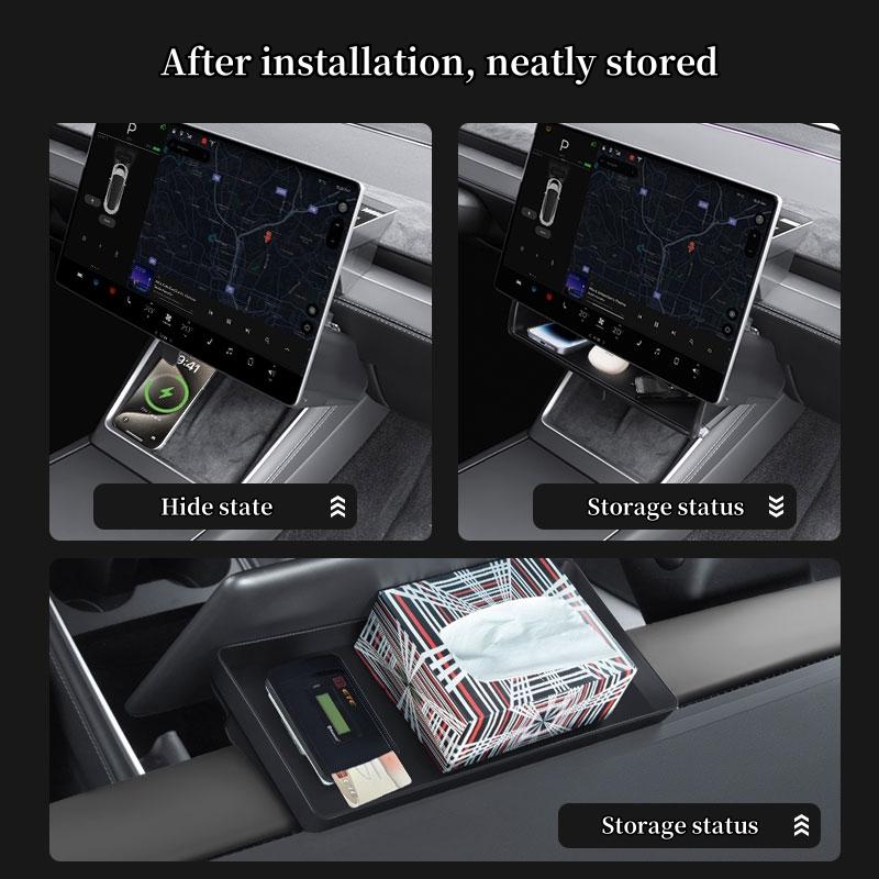 For Tesla Model Y Juniper 2026 ABS Central Control Screen Under Storage Box Behind Screen Hidden Organizer Tray Car Accessories