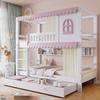 Stapelbed, Kinderbed Met Ramen en Gordijnen, Met Valbeveiliging, Open Plankenrek, Twee Lades Op Wieltjes, Grenen+MDF, Wit+Roze, 90x200cm